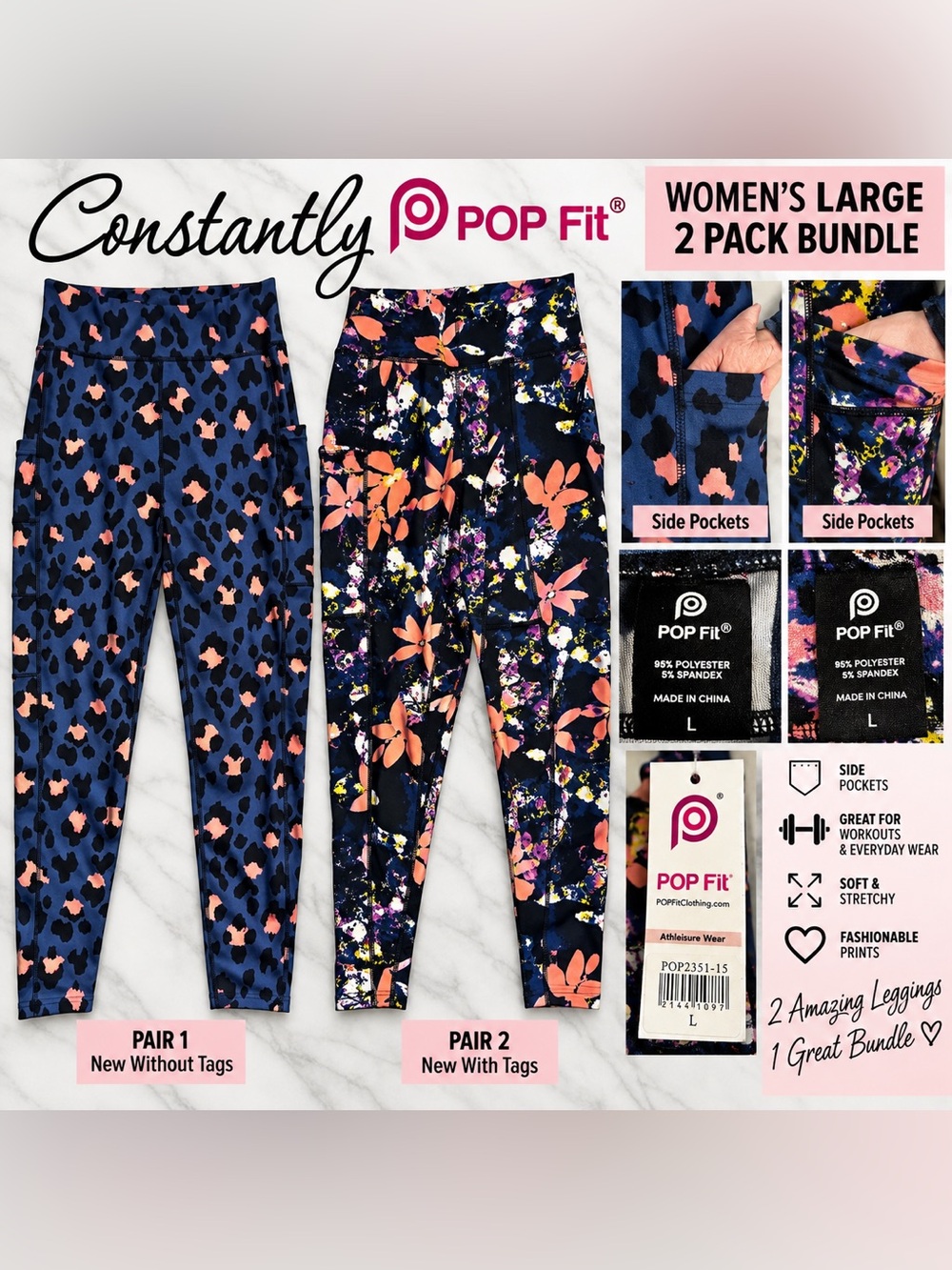 POP Fit Leggings 2-Pack Bundle Women’s Large NWT & NWOT Multi-Pattern Pockets